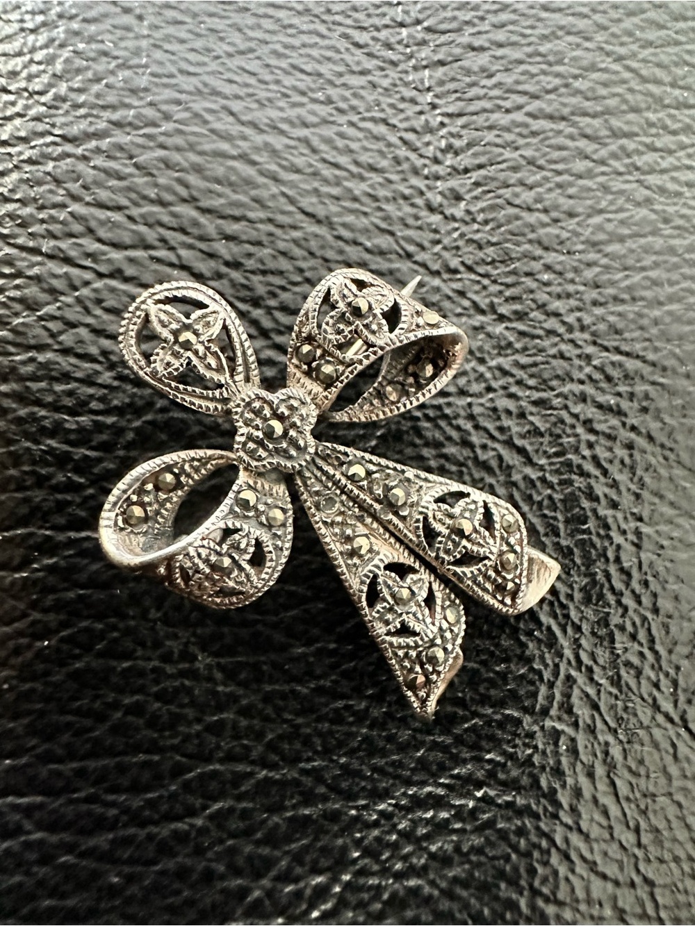 Vintage Sterling Silver Marcasite Bow Brooch - Silver